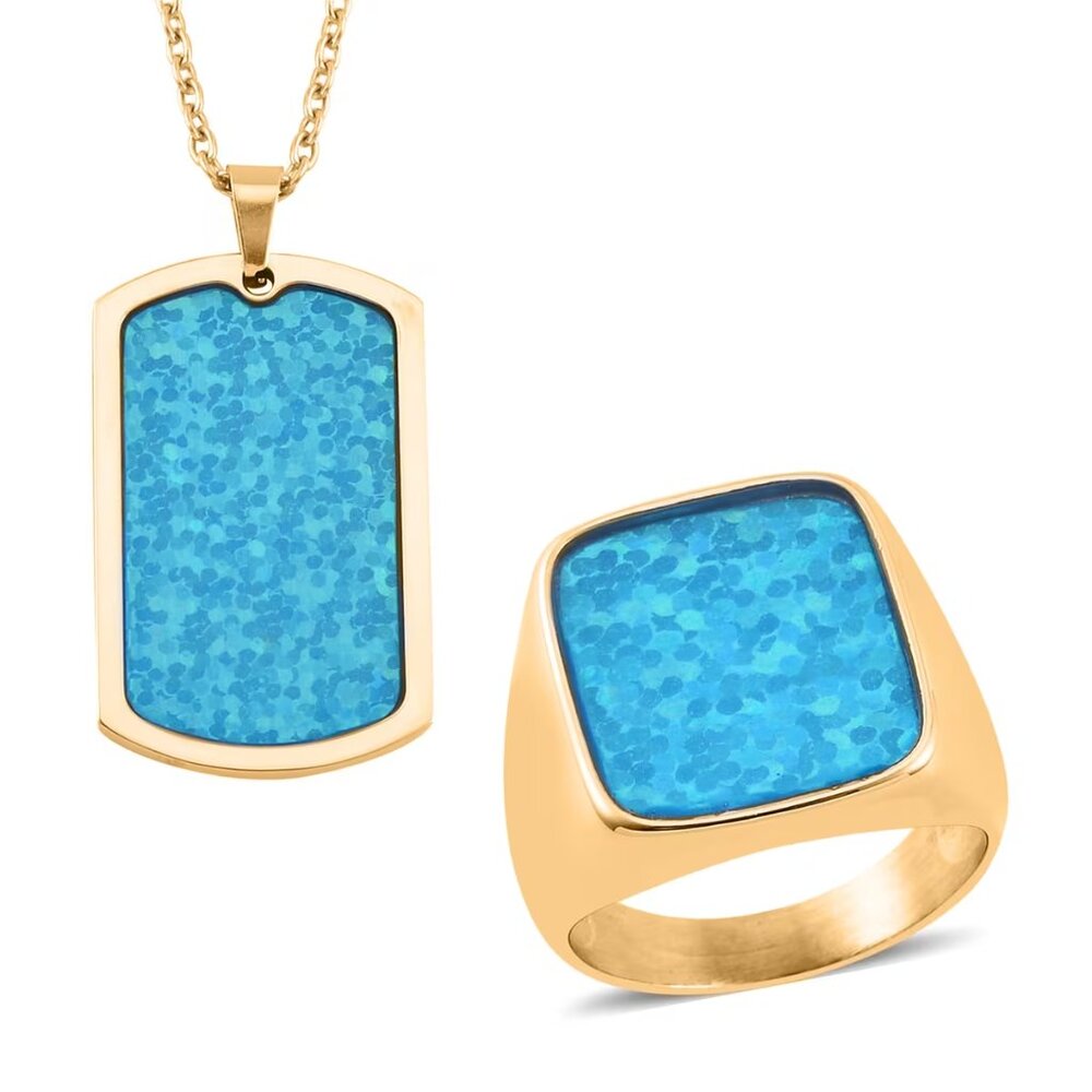 Men's Turquoise Color Enameled Ring Size 11 and Pendant Necklace Set